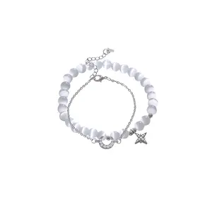 Gelang kristal pasangan mata kucing putih Barok kustom keberuntungan Mode grosir gelang bulan untuk hadiah anak perempuan wanita