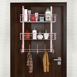 Étagère <span class=keywords><strong>de</strong></span> rangement rose détachable à suspendre derrière la <span class=keywords><strong>porte</strong></span> avec panier en maille pour serviettes, chapeaux, sacs à main, manteaux - Product Image 6