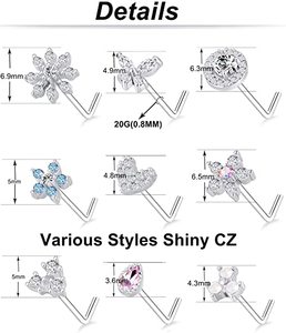 Anillos de Nariz en Forma de L con Flores, Copos de Nieve y Mariposas de Acero Inoxidable con Circonitas, Joyería para Piercing de Nariz para Mujer - Product Image 6