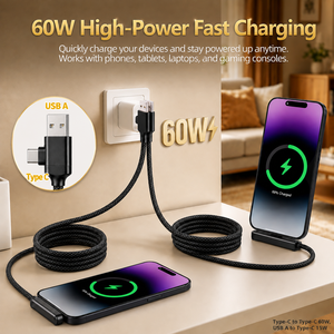 สายชาร์จแม่เหล็ก 3 in 1 แบบพันเก็บอัตโนมัติ 60W พร้อมแท่นวางโทรศัพท์แบบตั้งโต๊ะ สายชาร์จเร็ว Type C 60W สำหรับ <span class=keywords><strong>Samsung</strong></span> Galaxy และ MacBook - Product Image 4