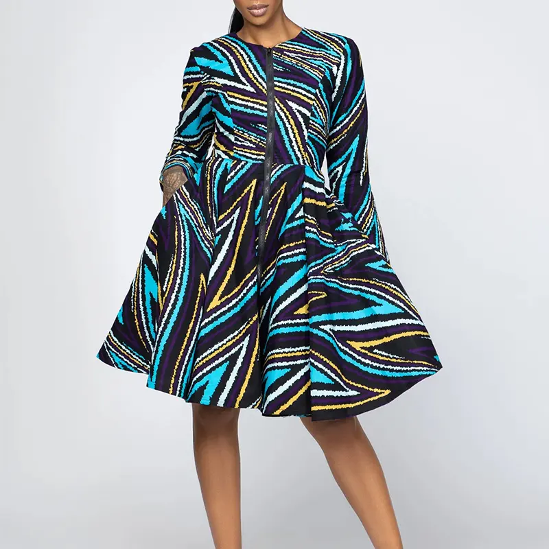 Robe longue pour femme décontractée robe africaine à manches longues avec fermeture éclair et volants