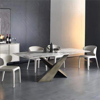 Ensemble de table à manger rectangulaire moderne de luxe avec plateau en pierre frittée blanche et pieds en métal laiton, meubles de salle à manger