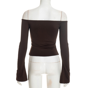 Viviblook Y26TP383 – Nouveau T-shirt décontracté pour femme, couleur unie, épaules dénudées, manches longues évidées, dos nu, effet amincissant - Product Image 3