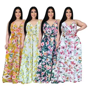 Vestido boêmio de verão com estampa tropical e vestidos florais de gola V longa, estoque de fábrica personalizado para mulheres, atacado