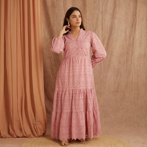 Robe longue bohème personnalisable rose à manches longues ultra-longues, fluide et ample, en tissu Cyk Crush 100% polyester pour femme - Product Image 1