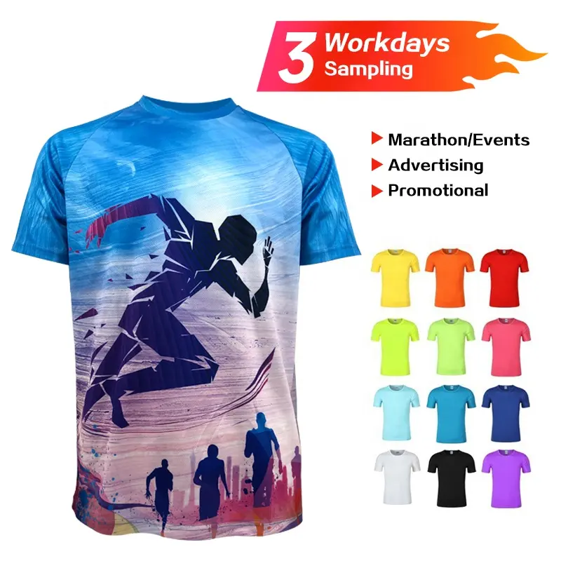 卸売マラソンイベントランニングTシャツ広告3D印刷Tシャツポリエステルカスタムロゴブランク昇華Tシャツ私のために