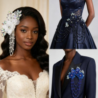 Applique florale 3D faite à la main avec strass, perles et pompons en cristal pour la décoration de vêtements, chaussures, sacs et robes de mariée DIY