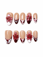 Uñas Postizas Francesas Cortas Almendradas Color Borgoña, Elegantes, Hechas a Mano, 10 Piezas, Reutilizables, con Flores 3D para Bodas y Fiestas