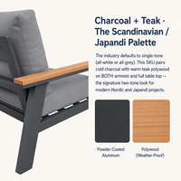 Ensemble de canapé de patio scandinave en aluminium, structure anthracite, accoudoirs en poly-bois teck + plateau de table, 2 places + 2 chaises pour villa nordique