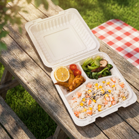 Boîte alimentaire jetable biodégradable en bagasse de 1400 ml, 9 pouces, 3 compartiments, résistante à la graisse, compatible micro-ondes, sans BPA, sans PFAS, avec couvercle