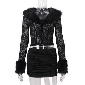 Viviblook Z1230ST01 Women Two Piece Set Street Lace See Through Long Sleeved <b>Crop</b> <b>Top</b> Sexy Mini <b>Skirt</b> Set - Product Image 3