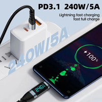 Kabel Pengisian Cepat 240W Layar Digital, Kabel Data Dual Type-C, Transfer Data, Kabel Type C ke Type C Berbahan Aluminium Alloy Kepang