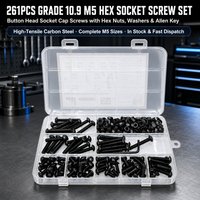 Kit d'assortiment de 261 pièces de vis à tête bouton M5 à six pans creux, écrous et rondelles, en acier au carbone de grade 10.9, oxyde noir, métrique à pas grossier