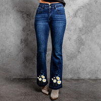 Personnalisé décontracté broderie florale dames jean Double taille élastique jean skinny femmes mode jean évasé femmes Denim pantalon