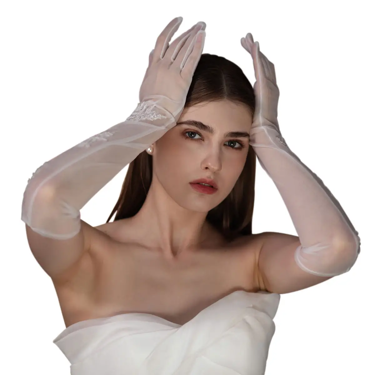 WG097 Exquisite Hochzeit Braut handschuhe Weiche Tüll Perlen Stück Appliziert Weiß Lange Frauen Bräute Handschuhe für Prom Festzug