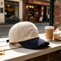 Casquette de baseball en velours côtelé de coton, 6 panneaux, bicolore, visière contrastante, couronne souple non structurée, automne-hiver, chaude, style classique, pour homme