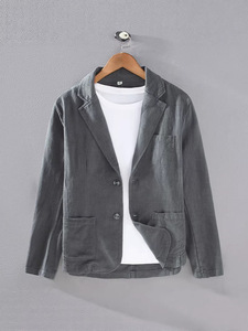 <span class=keywords><strong>Blazer</strong></span> da uomo Shmily in cotone e lino, tinta unita, casual primaverile, a maniche lunghe, monopetto, scollo a V, 220g, all'ingrosso - Product Image 4