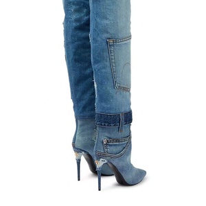 Handmade Denim Women's Sewing Patchwork Knee High Thin Heels Pockets Autumn Winter Mesh Boots Pointed Toe <b>Shoes</b> Stiletto Wide - Product Image 6