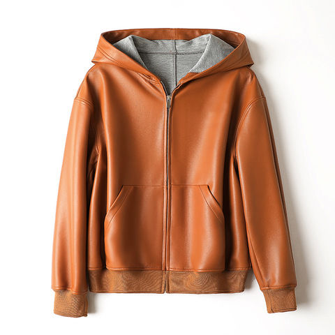 529 High Quality Autumn New Sheepskin Jacket Hooded Leather Zipper Basic Casual Style Short Coat for Women