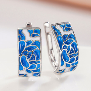 Orecchini a polsino con loto blu e bianco per donna, gioielli di moda con motivo floreale tradizionale - Product Image 5
