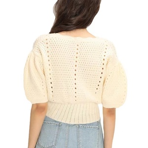 Cárdigan de <span class=keywords><strong>punto</strong></span> grueso con cuello en V y mangas cortas abullonadas para mujer, talla única, estilo casual de primavera 2022, con un solo botón - Product Image 3