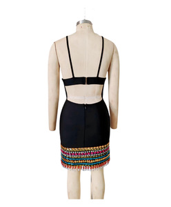 Robe noire sexy à bretelles en V, ornée de pampilles et de diamants, coupe trapèze, en polyester/coton, taille élastique - Product Image 4