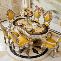 Table à manger en chêne de style européen, design français-américain, bois massif, plateau ovale en marbre, accents émeraude et or champagne, 8 places, pour la maison
