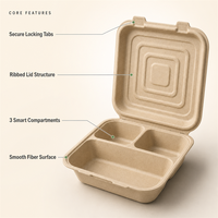 Boîte repas jetable à 3 compartiments en bagasse de canne à sucre, compatible micro-ondes, pour déjeuner, collation, à emporter, bento, boîte à repas chaud, restaurant