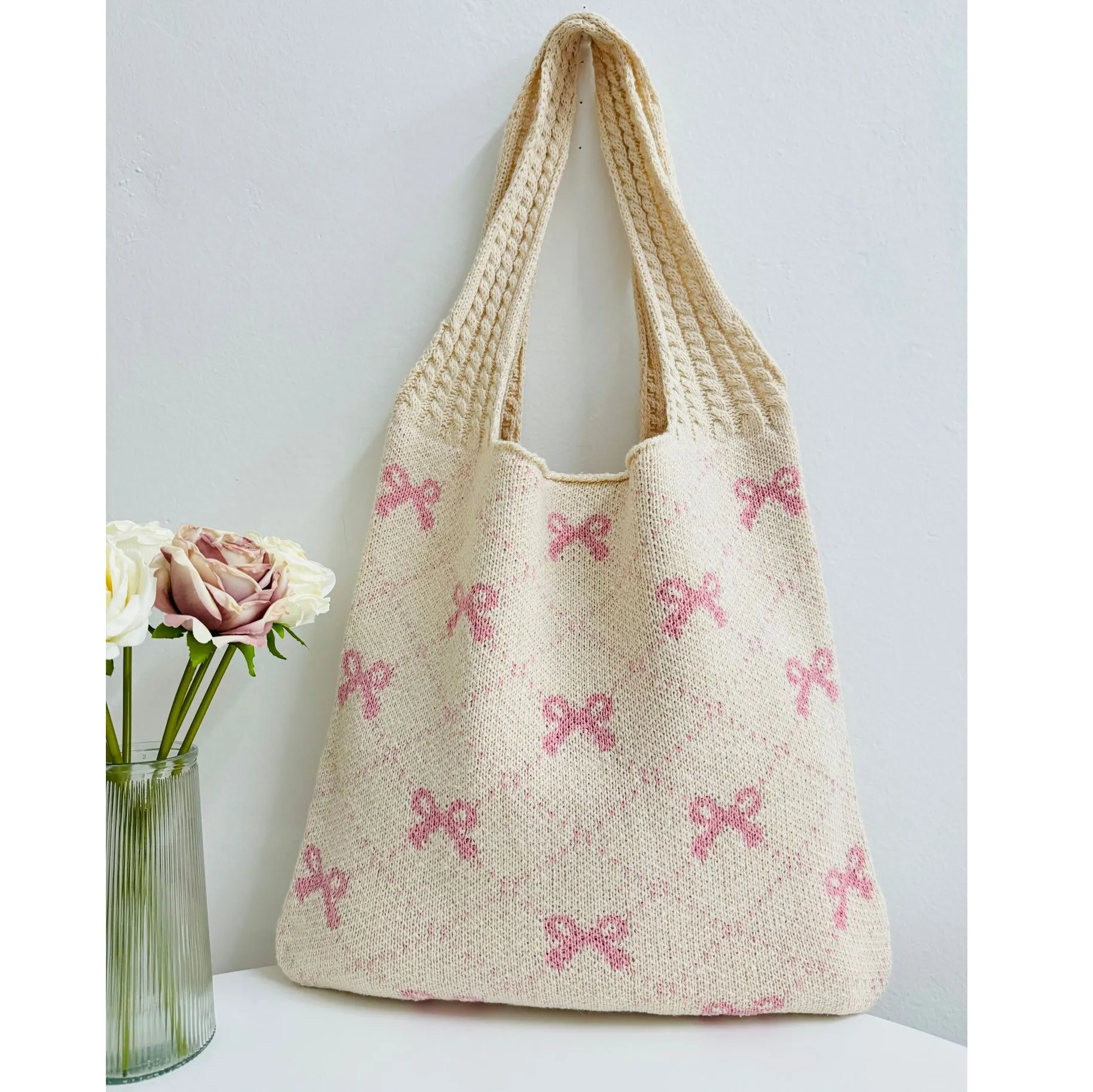 Lucu Y2k hadiah busur warna memblokir Crochet Tote Bag Jacquard merajut merah muda Bowknot Tote Bag