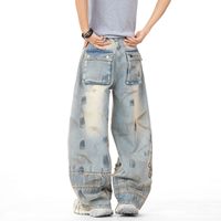 En gros Jeans baggy pour hommes en denim épais délavé effet boue, coupe large, brodés, style urbain, déchirés et usés