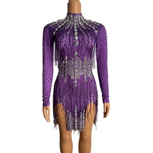 S0452Y 2026 Meilleures ventes Robe longue de soirée ajustée à strass, style performance, avec franges violettes couleur patate douce, pour la danse latine - Product Image 4
