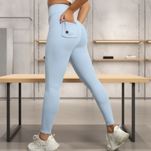 Leggings de yoga pour femmes, taille haute, effet push-up fessier, avec poches <span class=keywords><strong>cargo</strong></span>, doux, pour le fitness et la gym - Product Image 2