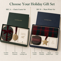 Coffret cadeau d'entreprise personnalisé pour Noël avec écharpe en tartan, sous-verres en cuir PU, ornement métallique, carte de vœux pour les employés et les clients