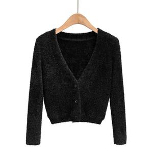 Bestseller Damen Crop-Top Pullover Herbst Langarm Slim Fit Gestrickte Knopfleiste Vorne Flauschige Strickjacke Damen Strickoberteil - Product Image 3
