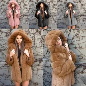 OEM toptan moda uzun bayanlar kışlık mont Hood kadınlar Faux Fox kürk ceket mont