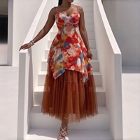 Robe longue décontractée élégante d'été J6455 pour femme, col halter, sans manches, coupe empire, patchwork floral, à volants