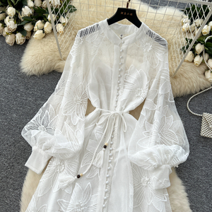 Vestido de lujo para mujer-Vestido Maxi bordado ahuecado con lazo de un solo botón <span class=keywords><strong>Ropa</strong></span> elegante para mujer - Product Image 5