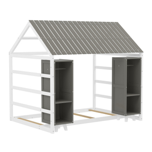 Letto <span class=keywords><strong>a</strong></span> casetta in legno compensato per bambini, con tetto e recinzione, ecologico e resistente, con <span class=keywords><strong>due</strong></span> armadi mobili, colore grigio, mobili per la casa - Product Image 4