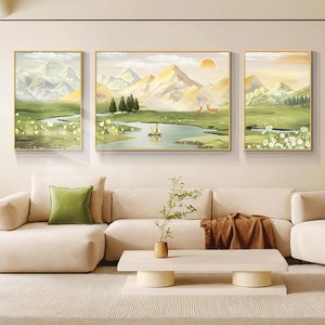 Quadro Decorativo per Soggiorno, Stile Crema, per Sfondo Divano, Dipinto a Spruzzo su Tela con Paesaggio - Product Image 4