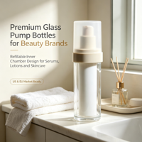Flacon en verre sans air cylindrique imprimé à l'écran sérigraphique à surface brillante de 15/30/50 ml, pompe à pression, emballage MOC, crème de soin de la peau, emballage cosmétique