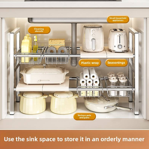 Étagère <span class=keywords><strong>de</strong></span> rangement multifonctionnelle pour cuisine, en acier inoxydable épaissi, extensible, double couche, imperméable, à poser sous l'évier, sur le comptoir - Product Image 2