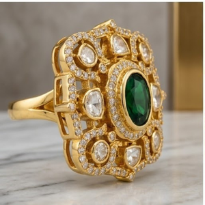 925 Silver Green Stone Kundan <b>Ring</b> with <b>Gold</b> Finish Elegant Adjustable Jewelry for Women Fashion Geometric Design Jewelry - Product Image 2