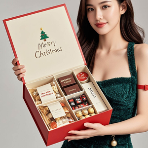 Merry <b>Christmas</b> Gift <b>Box</b> Red Rigid <b>Box</b> With Assorted Snacks And Chocolates High-End Paperboard Packaging - Product Image 1