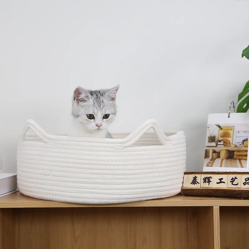 Zuijia Eco friendly Large Round Cotton Rope Pet Bed handmade woven cats nest kennel with Cat ear handle