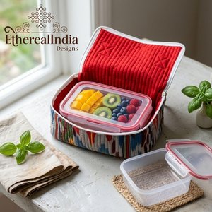 Sac à déjeuner matelassé en Ikat écologique à deux sangles, organiseur alimentaire en coton, étui de transport zippé, sac de rangement pour collations de voyage - Product Image 1