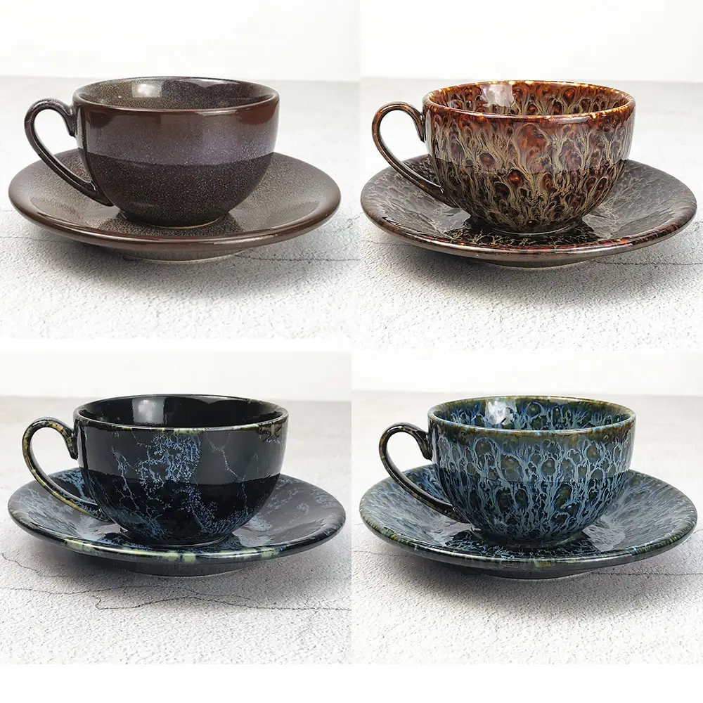 250ml Reaktive Glasur becher Ofen wechselnde Glasur Nachmittags kaffee Keramik Tasse und Untertasse Set Personal isierte Tee tassen und Untertassen