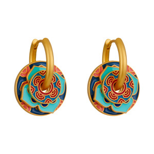 Chinese Retro Style Enamel Drop Earrings Flower Shape Ethnic Design Copper <b>Post</b> EA12936 - Product Image 5