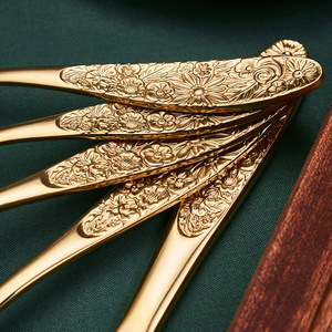 Ensemble de couteau, fourchette et cuillère en acier inoxydable, motif floral en relief, poli miroir, style rétro élégant, pour restaurant et hôtel - Product Image 3