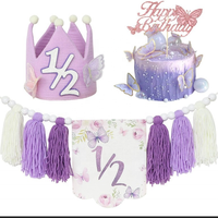 Bannière en perles de bois bohème mignonne avec un motif de papillon violet et de couronne pour les décorations de fête de 1er/2e anniversaire ou de Noël