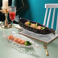 Assiette en verre en forme de feuille avec bord doré, plat de service coloré en forme de coque de pois pour sushis, fruits, desserts, maison